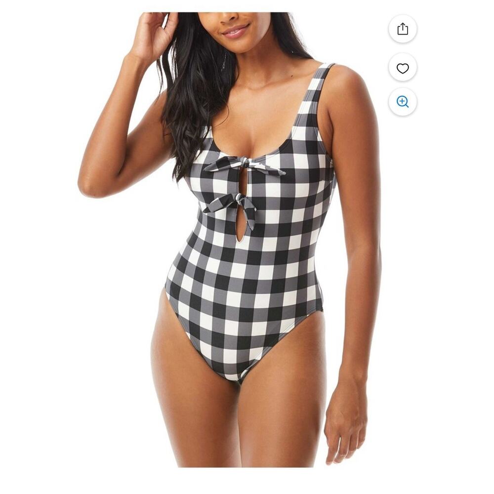 Kate Spade New York Womens L Black Bunny Gingham One Piece Swimsuit Beach Prep